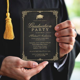 Elegante Black Gold Vintag Frame Graduation Party Einladung