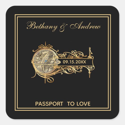 Elegante Black Gold Vintage Hochzeit Quadratischer Aufkleber (Vorderseite)