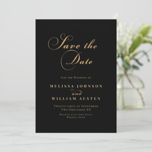 Elegante Black Gold Wedding Save The Date (Stehend Vorderseite)