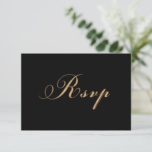 Elegante Black Gold Wedding Script RSVP Card (Stehend Vorderseite)