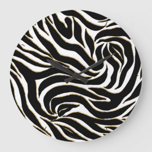 Elegante Black Gold Zebra White Animal Print Große Wanduhr