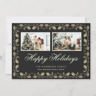Elegante Black Gold Zwei-Foto-Happy Holidays Karte