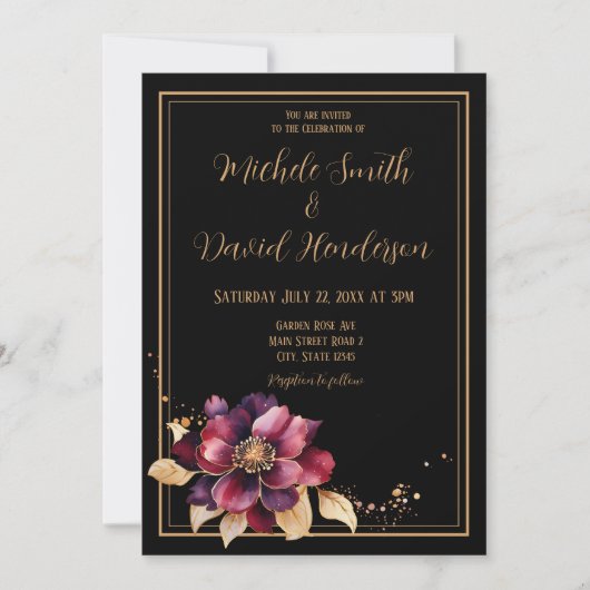 Elegante Black Golden Burgund Wasserfarbenprägung Einladung (Vorderseite)