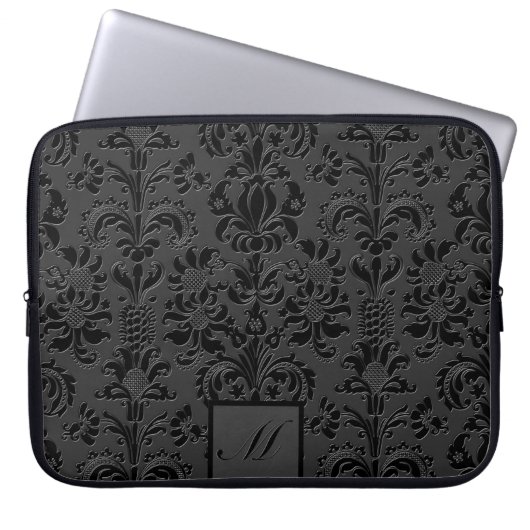 Elegante Black & Gray Monotones Floral Damasks 2 Laptopschutzhülle (Vorderseite)