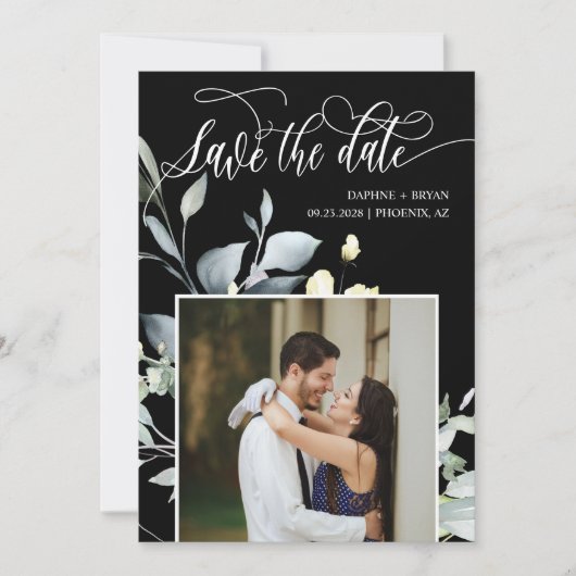Elegante Black Green Blätter QR Code Foto Hochzeit Save The Date (Vorderseite)