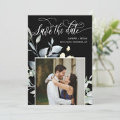 Elegante Black Green Blätter QR Code Foto Hochzeit Save The Date (Stehend Vorderseite)