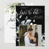 Elegante Black Green Blätter QR Code Foto Hochzeit Save The Date (Vorne/Hinten)