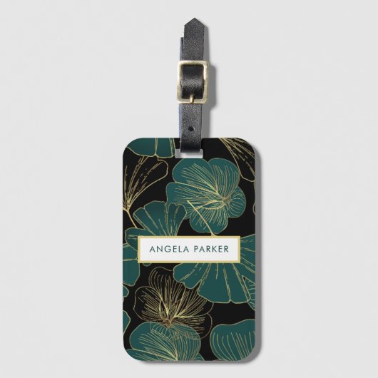 Elegante Black Green Gold Kontur Ginkgo Blätter Gepäckanhänger (Vorderseite Vertikal)