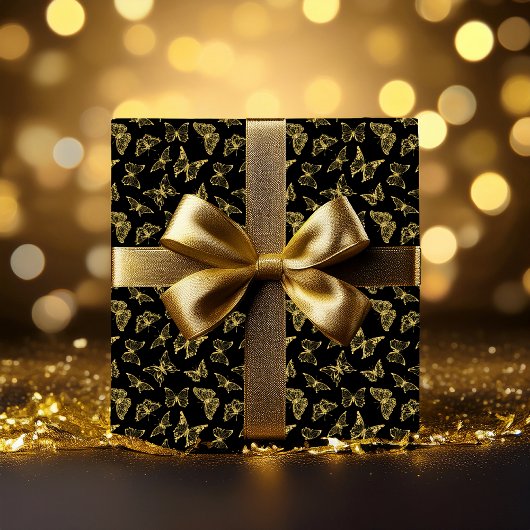 Elegante Black Imitats Gold Glitzer Butterflies Geschenkpapier