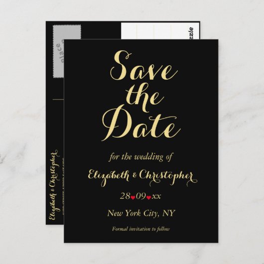 Elegante Black Imitats Gold Wedding Save the Date Postkarte (Vorne/Hinten)