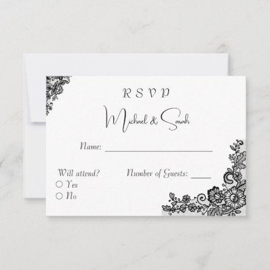 Elegante Black Lace RSVP Karte für Hochzeiten (Vorderseite)