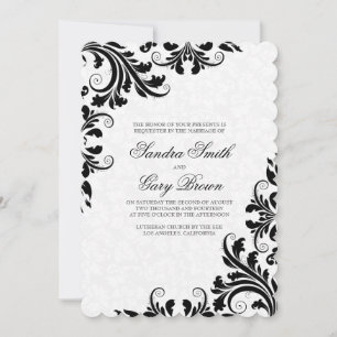 Elegante Black Lace White Damasks Hochzeit Einladung
