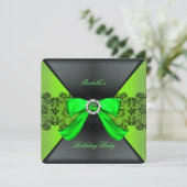 Elegante Black Lime Green Pearl Bow Birthday Party Einladung (Stehend Vorderseite)