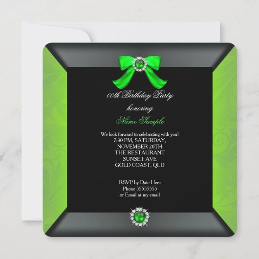 Elegante Black Lime Green Pearl Bow Birthday Party Einladung (Rückseite)