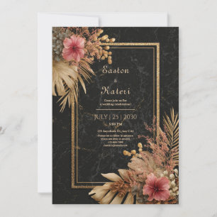Elegante Black Marble & Gold Floral VIP Hochzeit Einladung