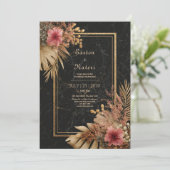 Elegante Black Marble & Gold Floral VIP Hochzeit Einladung (Stehend Vorderseite)