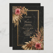 Elegante Black Marble & Gold Floral VIP Hochzeit Einladung (Vorne/Hinten)