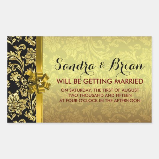 Elegante Black & Metallic Gold Damaskus Rechteckiger Aufkleber (Vorderseite)