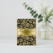 Elegante Black & Metallic Gold Floral Damasks Visitenkarte (Stehend Vorderseite)