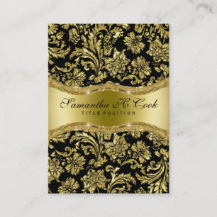 Elegante Black & Metallic Gold Floral Damasks Visitenkarte