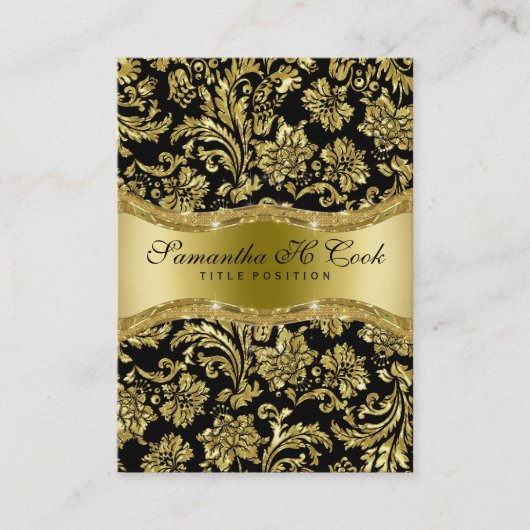 Elegante Black & Metallic Gold Floral Damasks Visitenkarte (Vorderseite)