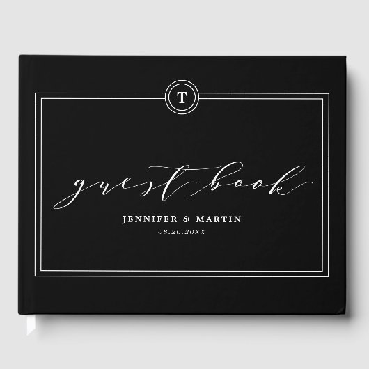 Elegante Black Monogram Calligrafy Wedding Gästebuch (Vorderseite)