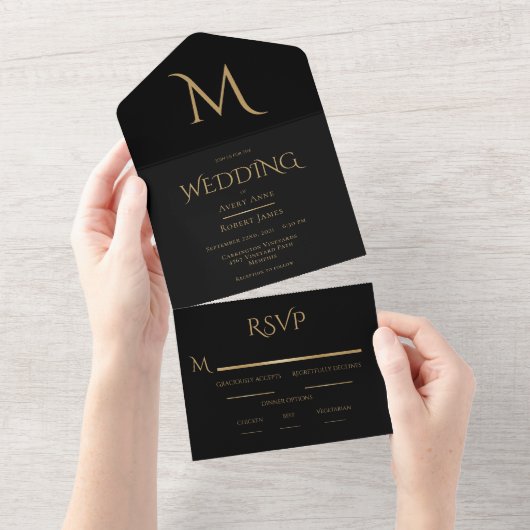 Elegante Black Monogram Wedding All In One Einladung (Abreißen)