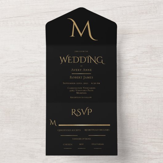 Elegante Black Monogram Wedding All In One Einladung (Innen Boden)