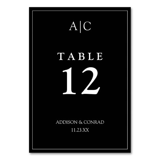 Elegante Black Monogram Wedding Tischnummer (Vorderseite)