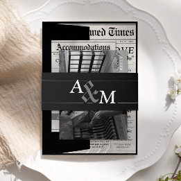 Elegante Black Newspaper Wedding Invitation Suite Einladungsbanderole