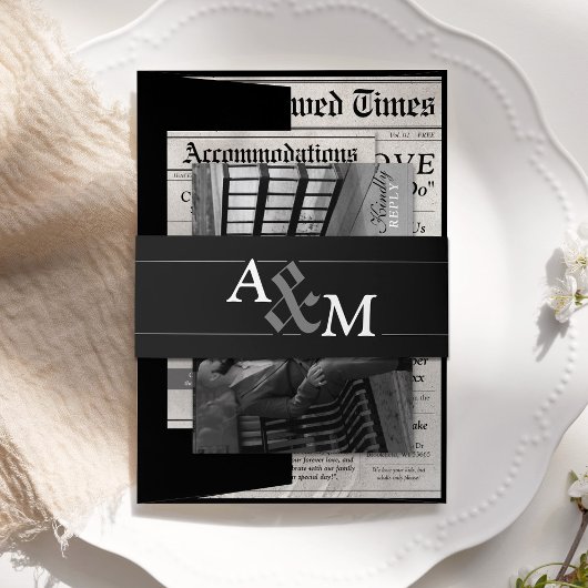 Elegante Black Newspaper Wedding Invitation Suite Einladungsbanderole