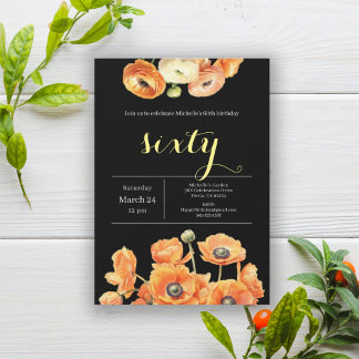 Elegante Black Orange Floral 60. Geburtstagsparty Einladung