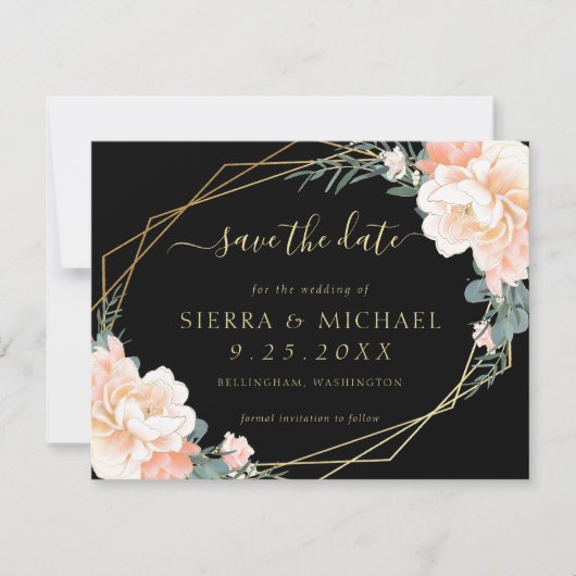 Elegante Black Peach Gold Floral Save the Date Einladung (Vorderseite)