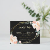 Elegante Black Peach Gold Floral Save the Date Einladung (Stehend Vorderseite)