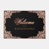 Elegante Black Pink Rose Gold Blätter Name Willkom Fußmatte (Vorderseite)