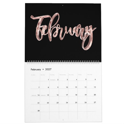 Elegante Black Pink Rose Gold Script Typografie Kalender (Feb 2027)