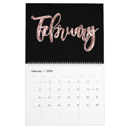 Elegante Black Pink Rose Gold Script Typografie Kalender (Feb 2026)