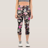 Elegante Black Pink Wildblumen Boho Floral Paint Capri Leggings (Vorderseite)