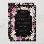 Elegante Black Pink Wildblumen Boho Floral Paint Einladung (Vorne/Hinten)