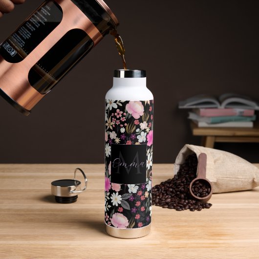 Elegante Black Pink Wildblumen Boho Floral Paint Trinkflasche (Kaffee)