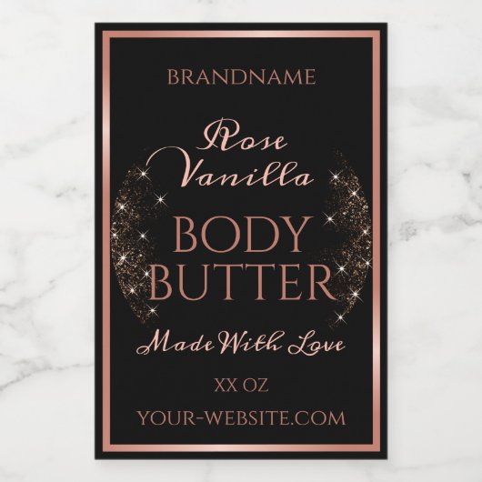 Elegante Black Product Packaging Labels Rose Gold Lebensmitteletikett (Einzelnes Label)
