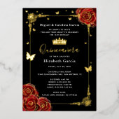 Elegante Black Quinceanera Rote Rose Real Folieneinladung (Vorderseite)