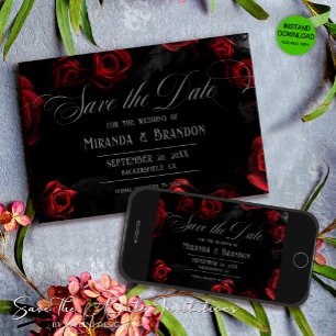 Elegante Black Red Floral Save the Date Card