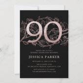 Elegante Black Rose Gold 90. Geburtstag Einladung (Vorderseite)