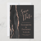 Elegante Black Rose Gold Agate Save the Date Karte (Vorderseite)