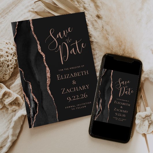 Elegante Black Rose Gold Agate Save the Date Karte