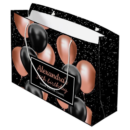 Elegante Black Rose Gold Ballon Geburtstag Große Geschenktüte (Rückseite Schrägansicht)