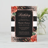 Elegante Black Rose Gold Confetti Floral Geburtsta Einladung (Stehend Vorderseite)