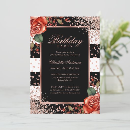 Elegante Black Rose Gold Confetti Floral Geburtsta Einladung (Stehend Vorderseite)