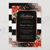 Elegante Black Rose Gold Confetti Floral Geburtsta Einladung (Vorne/Hinten)